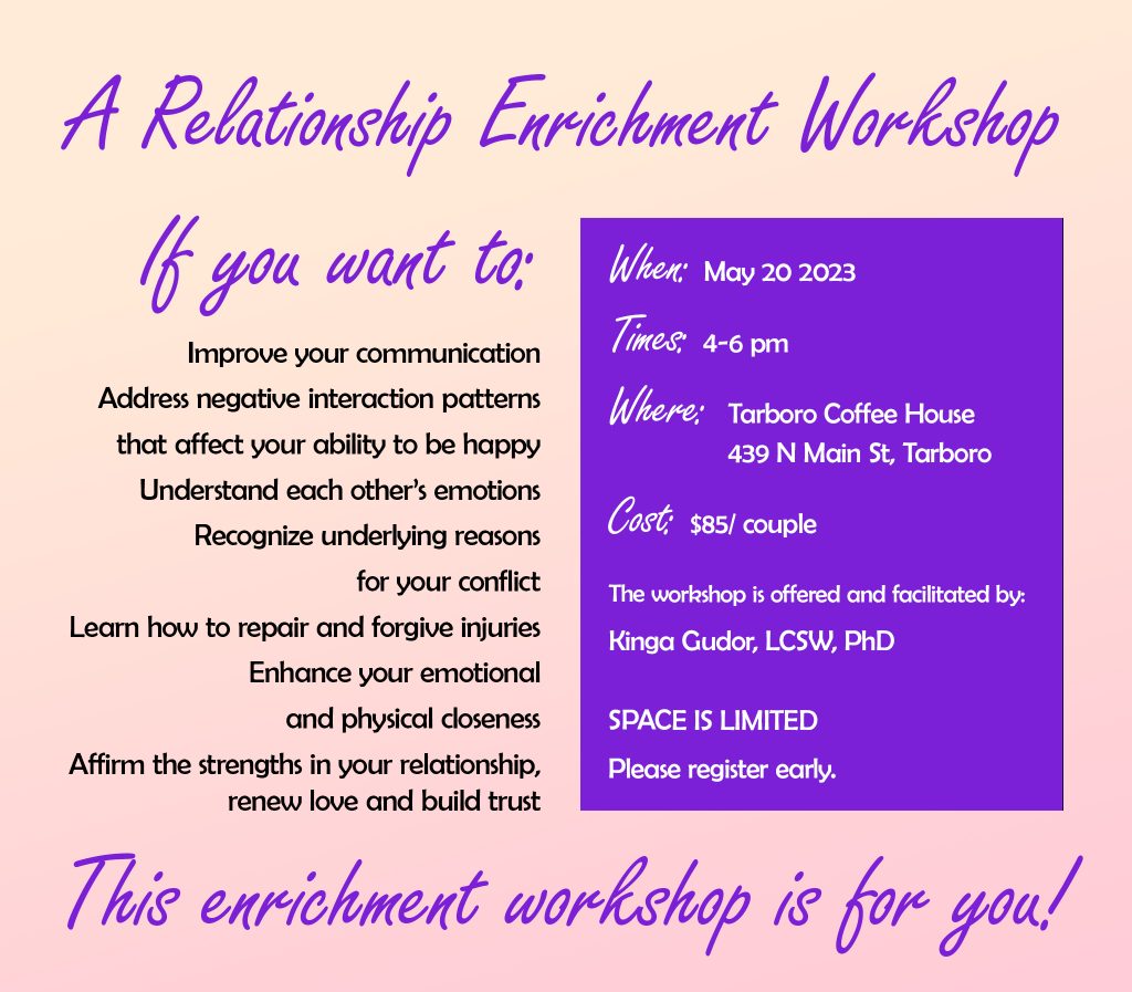 Flyer for Relationship Enrichment Workshops run by therapist Kinga Gudor from Deep Connections Counseling. For couples that want to deepen their connection and overcome their relationship issues together.