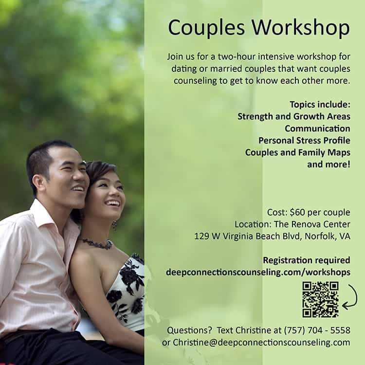 Flyer for the Couples Workshops facilitated by therapist Christine Rucker from Deep Connections Counseling. Join us for a two-hour intensive workshop for dating or married couples that want to get to know each other.